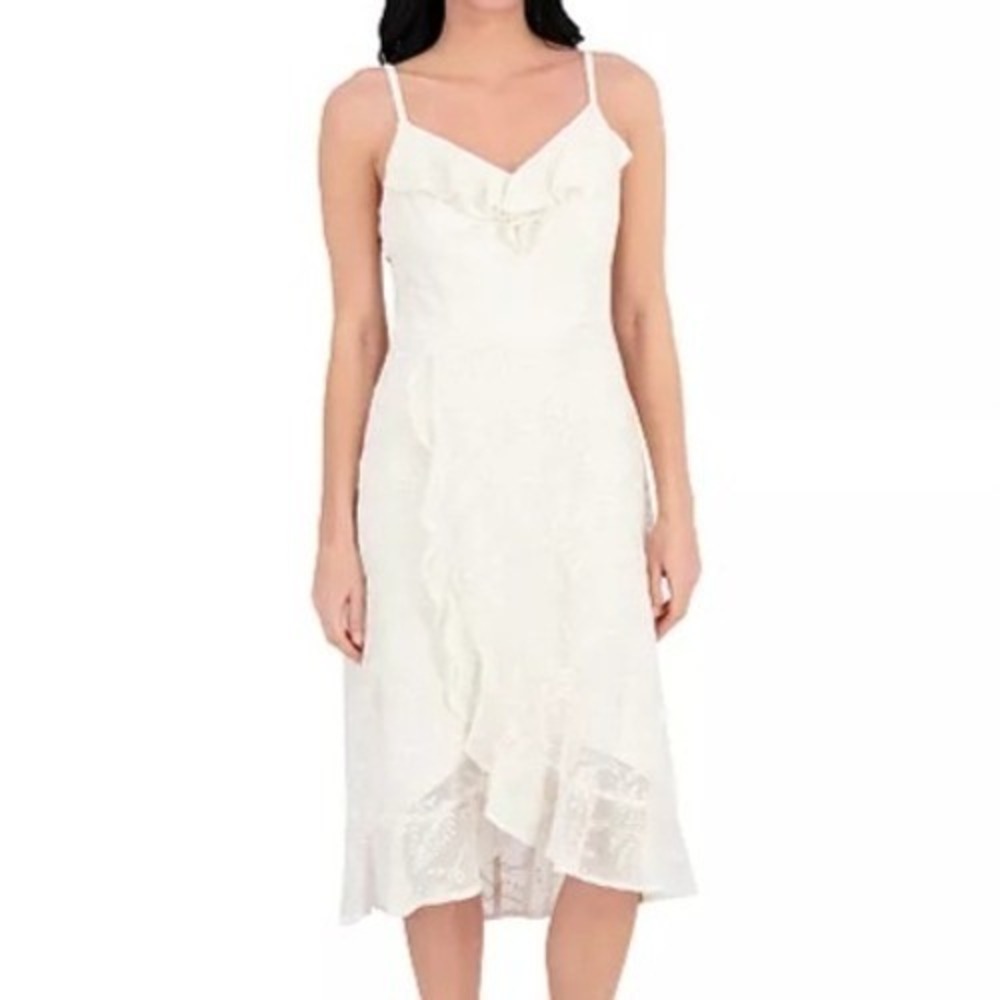Kensie Ruffled Lace High Low Midi Sand V Neck Sleeveless Dress Womens Size 10